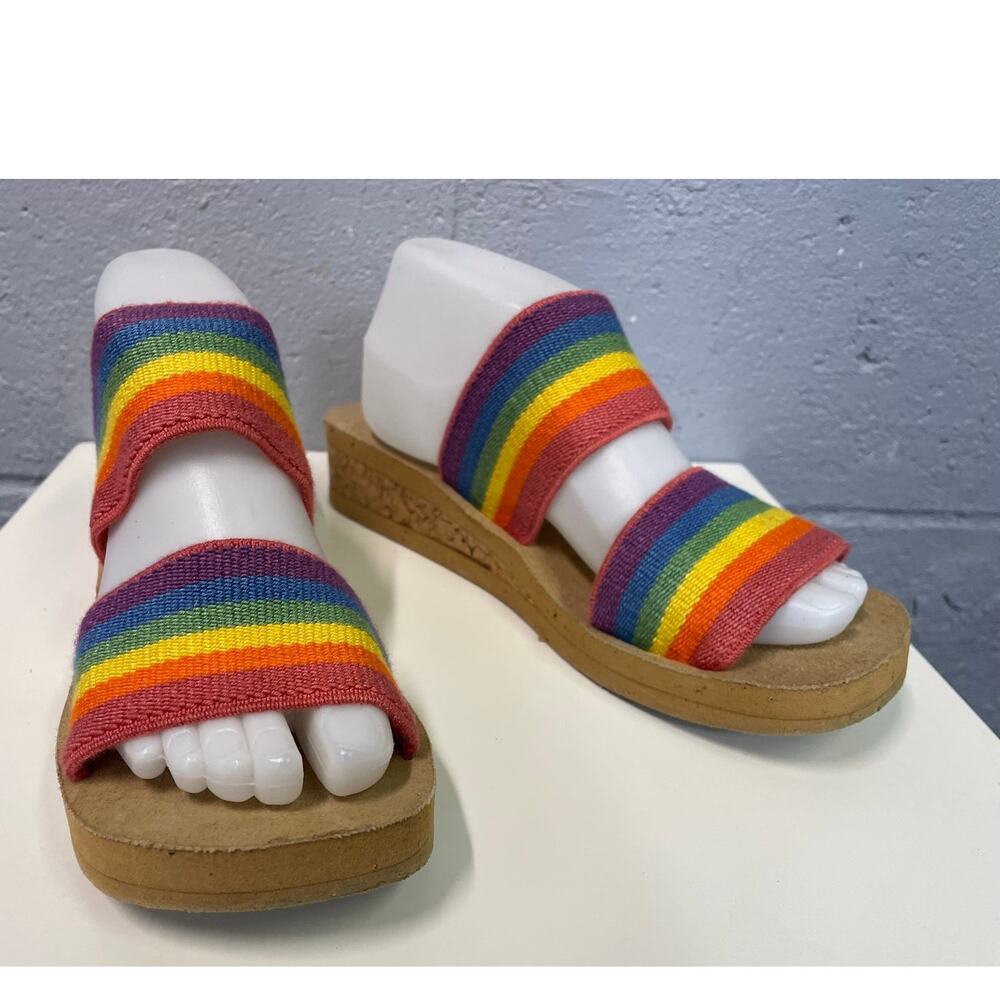 Vintage 70s 80s Rainbow Color Block Strappy Cork Sandals Woven Size 10B Pride